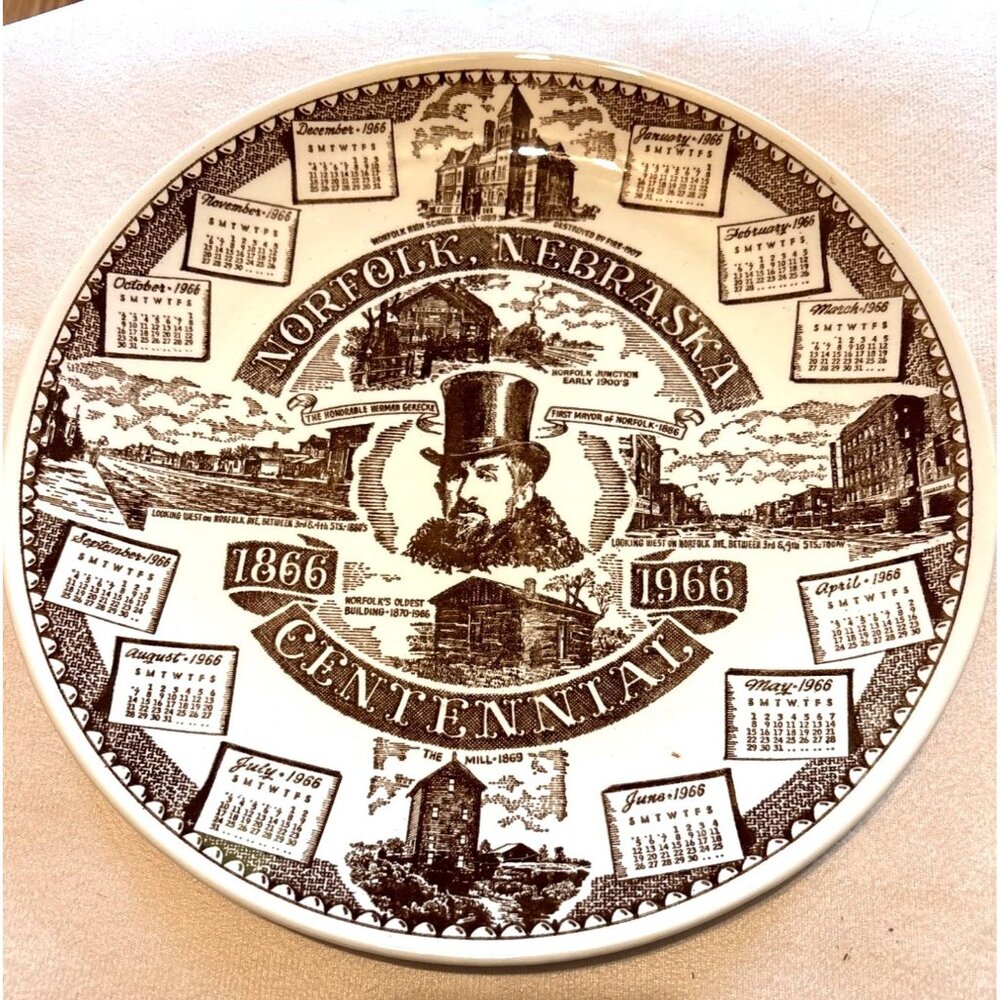 Norfolk Nebraska Centennial Decor Plate Kettlesprings Kilns 10" Brown Print Vtg